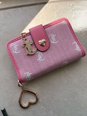 Juicy Couture Pink Monogram Card & Key Holder with Gold Heart Charm